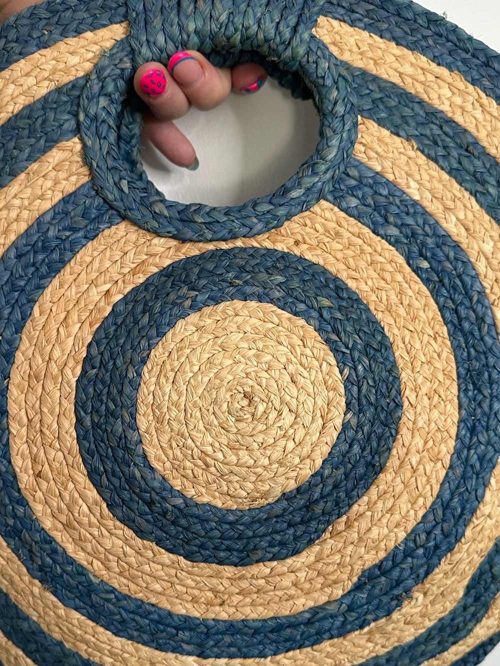 Kate Spade Round Raffia Straw Tote Blue Natural Woven Circle Bag 15” Rare - Picture 11 of 14
